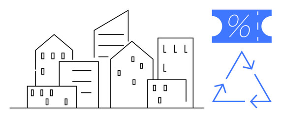 Modern cityscape with various building shapes next to a recycling symbol and discount coupon icon. Ideal for urban planning, eco-friendly living, real estate, sustainability, business, retail