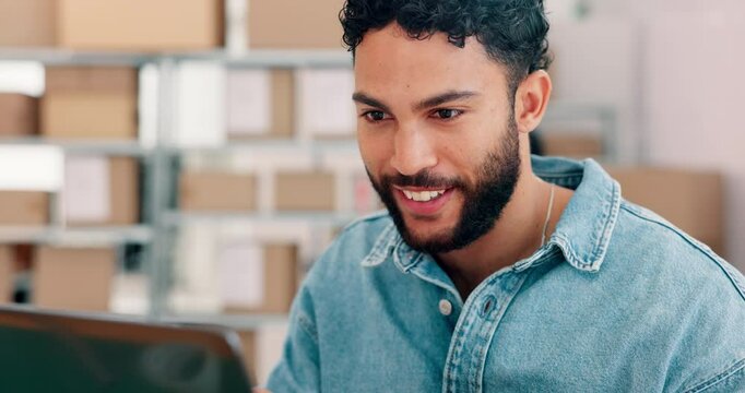Man, laptop and boxes in small business for logistics, positive review and online shop update. Entrepreneur, computer and smile in workshop for catalog refresh, customer service or startup management