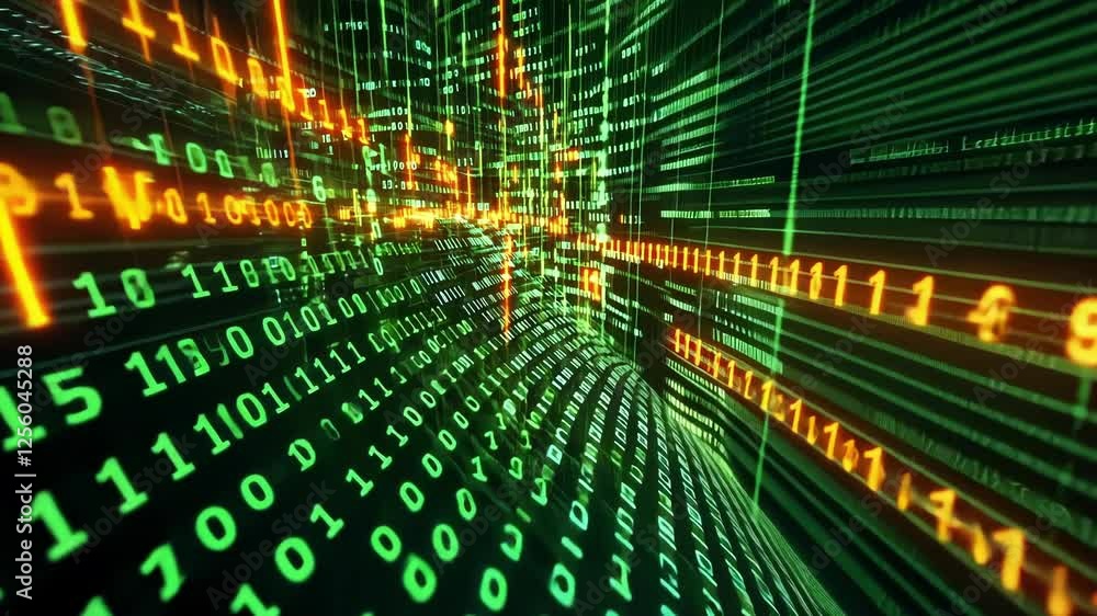 Poster flowing streams of green and orange binary code create a dynamic cyberspace tunnel visualization, ex