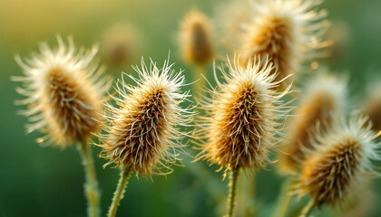 Obraz premium Thistle Seed Heads in Warm Sunlight with Green Background Macro View