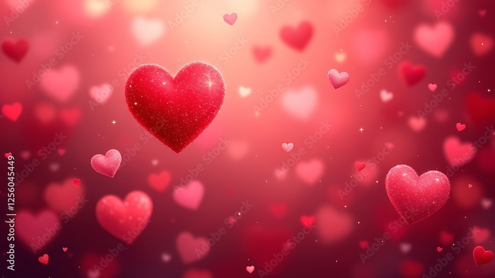 Poster a beautiful bokeh golden background with two red hearts representing love. golden bokeh in the shape
