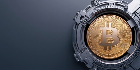 financial success freedom mindset concept. Bitcoin coin in a futuristic setting with a dark background.