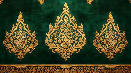 Elegant traditional pattern, rich gold motifs on deep green background, ideal for textile design or interior decoration.