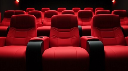 An empty movie theater with red seats arranged in rows,  in a dimly lit auditorium.