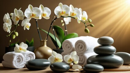 Table arrangement with white flowers and white towels for clean and elegant decor