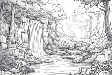 Fototapeta premium Tranquil Forest Scene with Flowing Waterfall and Serene Stream Surrounded by Lush Vegetation and Rocky Landscape