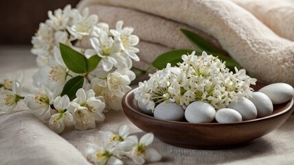 Bowl filled with white flowers surrounded by smooth rocks on a natural surface