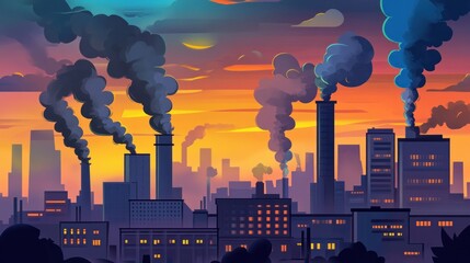 Smog Cityscape at Sunset: A Digital Painting of Industrial Pollution