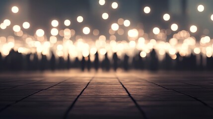 Night city bokeh background, empty wooden surface