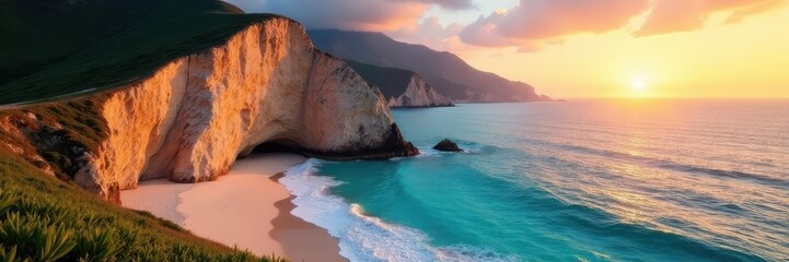 Vertical cliff rock formation on mountain slope overlooking turquoise sea with white sandy beach at sunset, scenery, natural wonders