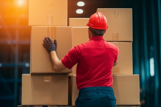 Worker Unloading Cardboard Boxes at Warehouse Loading Dock – Logistics and Shipping Preparation in Industrial Cargo Style