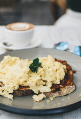 Breakfast and coffee on table in cafe