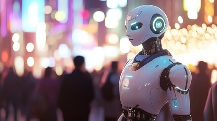 Fototapeta premium A humanoid robot with a smooth, featureless face is pointing upwards with one finger. The robot has a white and black color scheme and appears to be made of plastic and metal.