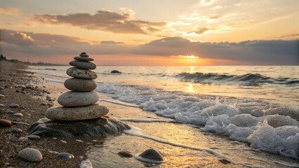 Stack of smooth rocks arranged on sandy beach with gentle waves in the background under clear blue sky