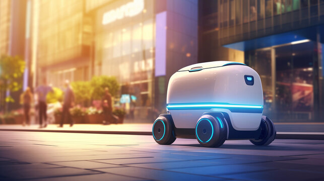 Autonomous delivery robot navigating a city street - Compact, sleek design with advanced sensors and cameras, showcasing futuristic urban delivery technology in a modern, bustling environment
