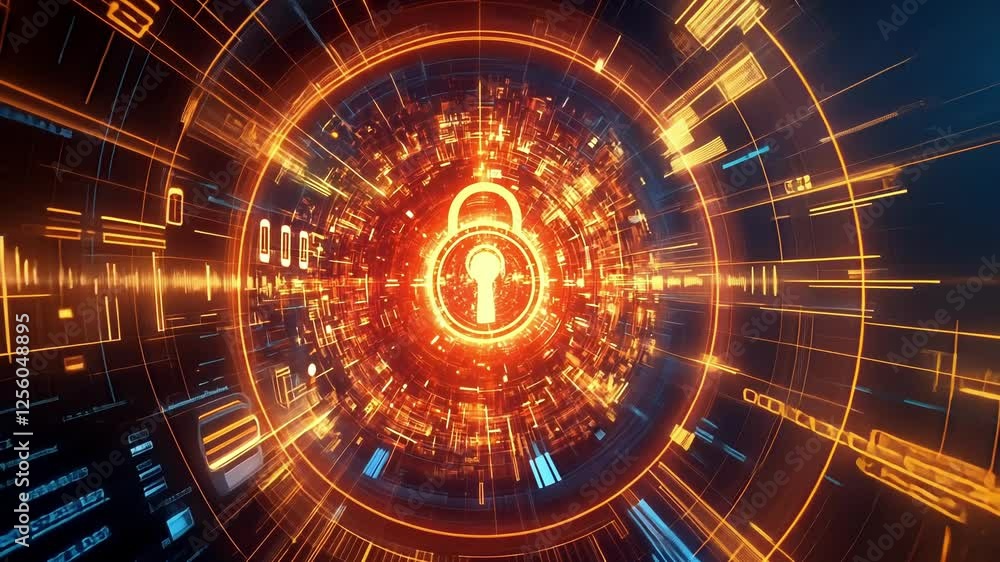 Poster glowing orange keyhole illuminating the center of a futuristic cyberspace tunnel, representing the v