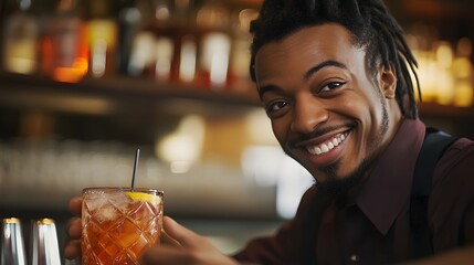 Smiling young African American man enjoying a cocktail at the bar counter in a lively and festive nighttime atmosphere with a warm
