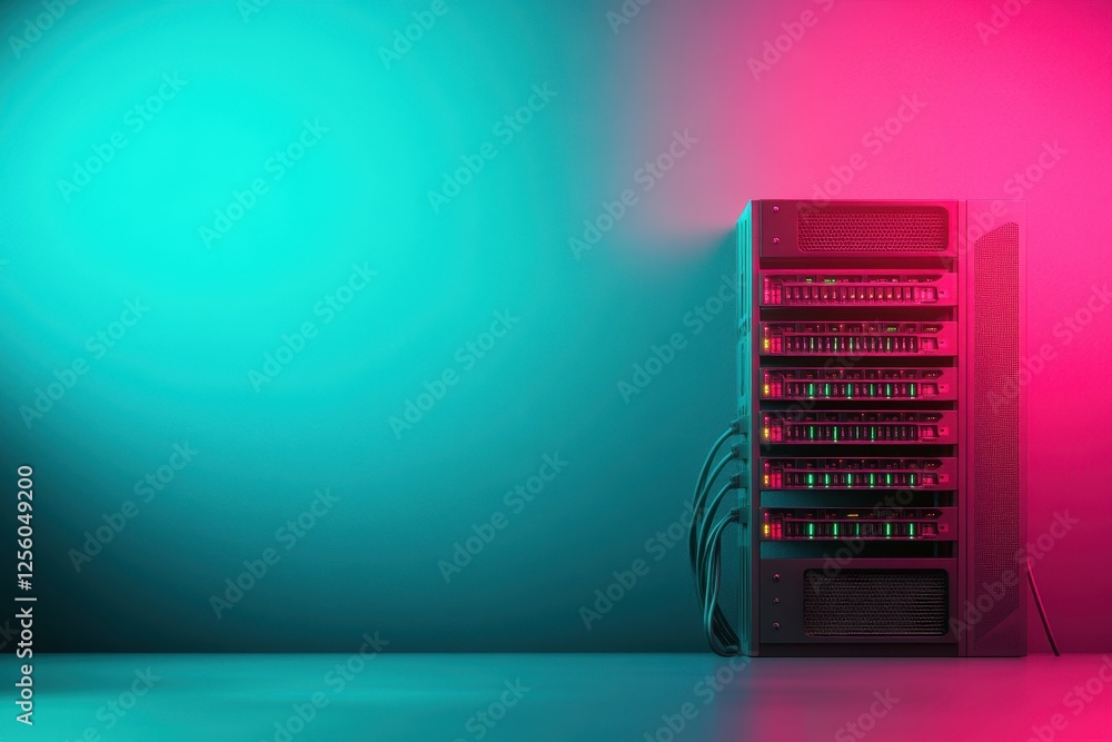 Poster vibrant server array illuminated in neon hues showcasing modern technology and digital efficiency