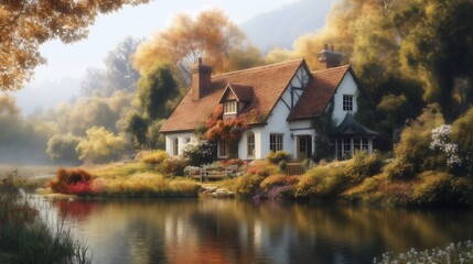 Cozy Lakeside Cottage with Blooming Garden and Stone Pathway – Serene and Idyllic Nature Scene