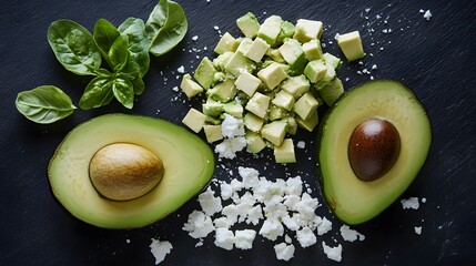 Fresh, sliced avocados with feta cheese and basil, creating a vibrant culinary display on a dark stone background.
