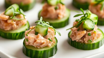 Tuna and Cucumber Bites. Delicious cucumber slices topped with salmon spread and fresh garnishes.