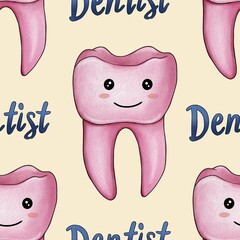 Seamless Pattern Pink Kawaii Tooth with Text Dentist Big Design on Pastel Yellow Background