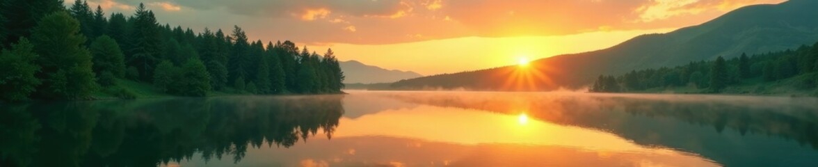 Obraz premium Reflections of trees on calm lake surface under sunset, green, landscape