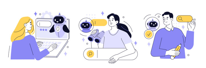 AI search set. Characters use artificial intelligence assistant for internet surfing, online searching, finding answers, research. Seo optimization concept. Vector illustration.