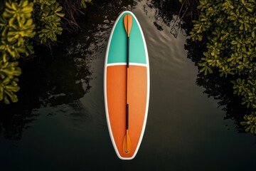 Colorful paddleboard floating peacefully on calm water surrounded by lush greenery at dusk