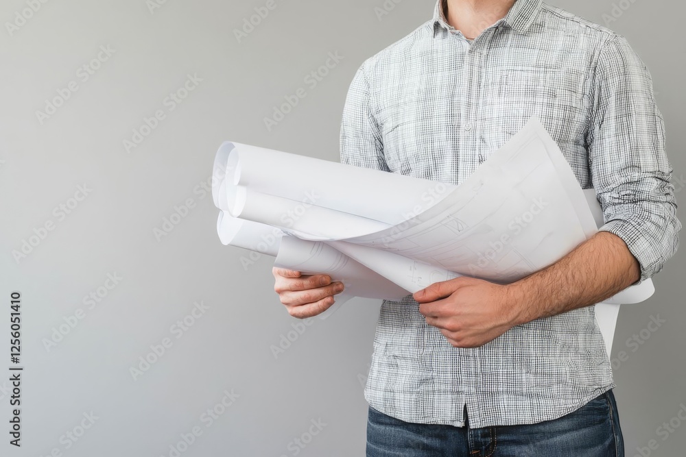 Poster architect holding blueprints on light gray background.