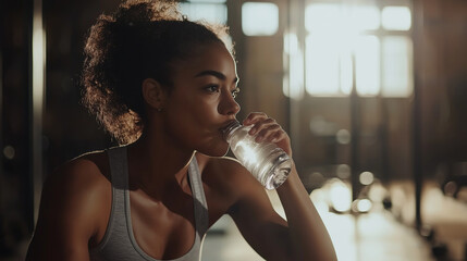 Woman drinking water in gym, break between workouts, cool light tones.