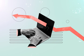 Contemporary art collage of hands type laptop freelance programming arrow development concept...