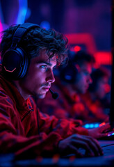 Focused e-sports player in a high-stakes tournament, illuminated by vibrant LED lighting.