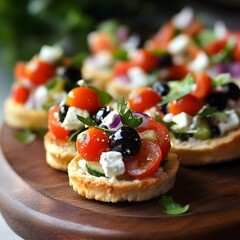 Mini Greek Salad. A vibrant platter of delicious tomato and cheese appetizers, beautifully arranged on rustic wooden serving board.