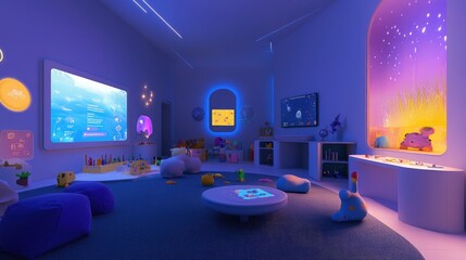 Smart playroom with interactive toys, voice-controlled lighting, and digital screens for entertainment, all connected to a central home system