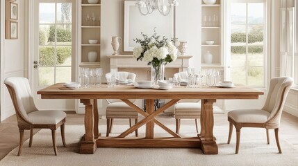 Soft-toned dining area with a wooden table, neutral chairs, and delicate decor such as white flowers or simple glassware