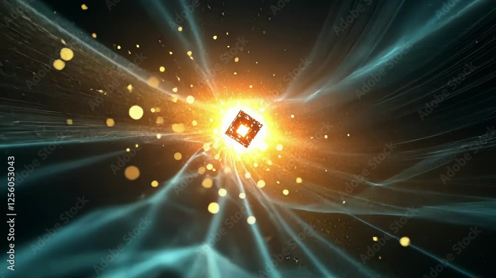 Poster quantum computing processor emitting glowing curves and particles in a futuristic cyberspace environ