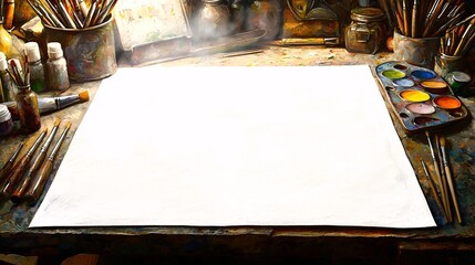 artistic close-up of a drawing palette and a white drawing sheet, surrounded by brushes, as colors are ready to be applied in a process of mental development through art. [Art]:[Mental Development] 