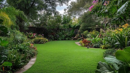 Obraz premium A lush garden with a winding stone path, surrounded by various tropical plants and trees, creating a serene and inviting atmosphere. The garden features vibrant flowers and dense greenery, making it a