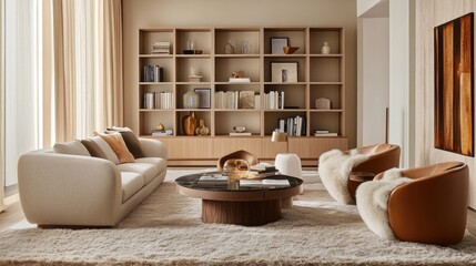 Soft-toned living room with light beige furniture, a shaggy rug, and an open shelf filled with books and decor