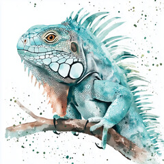 Fototapeta premium Illustration of Common Green Iguana sitting on the branch, soft watercolor tones, white background, detailed illustration, cartoonish.