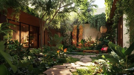 A lush garden with a winding stone path, surrounded by various tropical plants and trees, creating a serene and inviting atmosphere. The garden features vibrant flowers and dense greenery, making it a