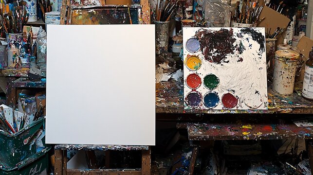 drawing palette with a spectrum of hues spilling into organized areas, beside a blank sheet of paper, preparing for the start of a creative exploration or artistic endeavor. [Art]:[Mental Development]