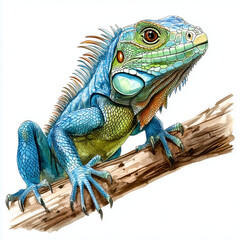 Obraz premium Illustration of Common Green Iguana sitting on the branch, soft watercolor tones, white background, detailed illustration, cartoonish.