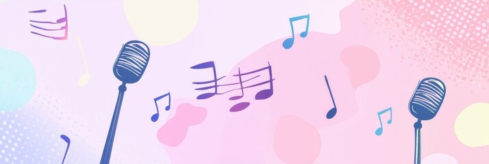 Creative minimalist K pop inspired background featuring music notes and microphones in soft pastel colors. Generative AI