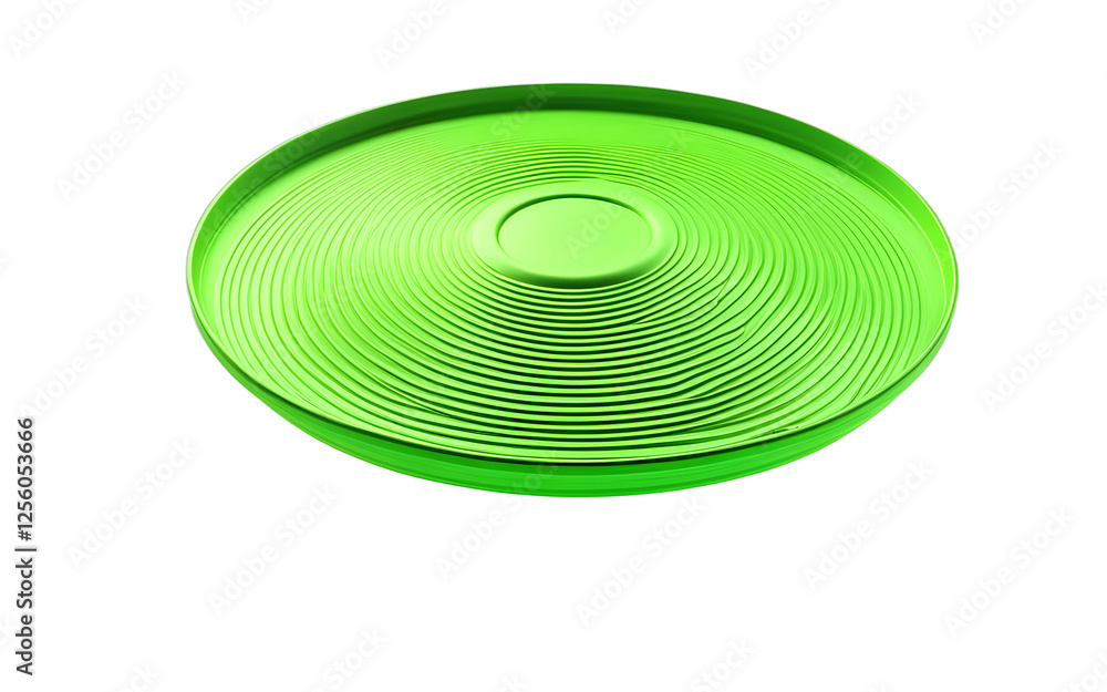 Poster a neon green frisbee with aerodynamic ridges, isolated on a empty plain background