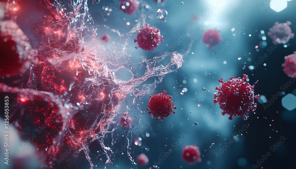 Poster close-up view of virus cells in a microscopic environment