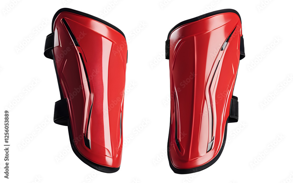Poster a pair of red shin guards for soccer players, isolated on a empty plain background