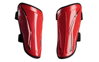 A pair of red shin guards for soccer players, isolated on a empty plain background