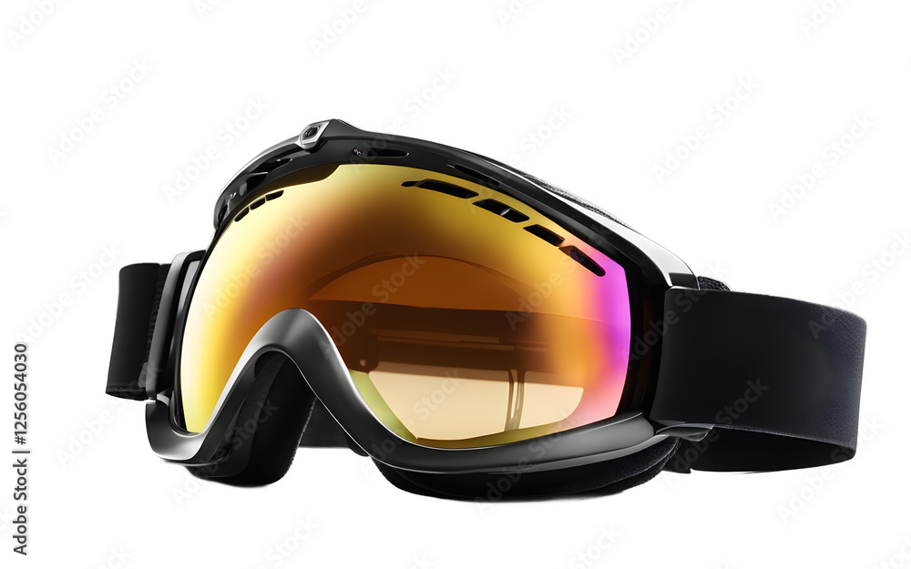 Poster a pair of sleek black ski goggles with tinted lenses, isolated on a empty plain background